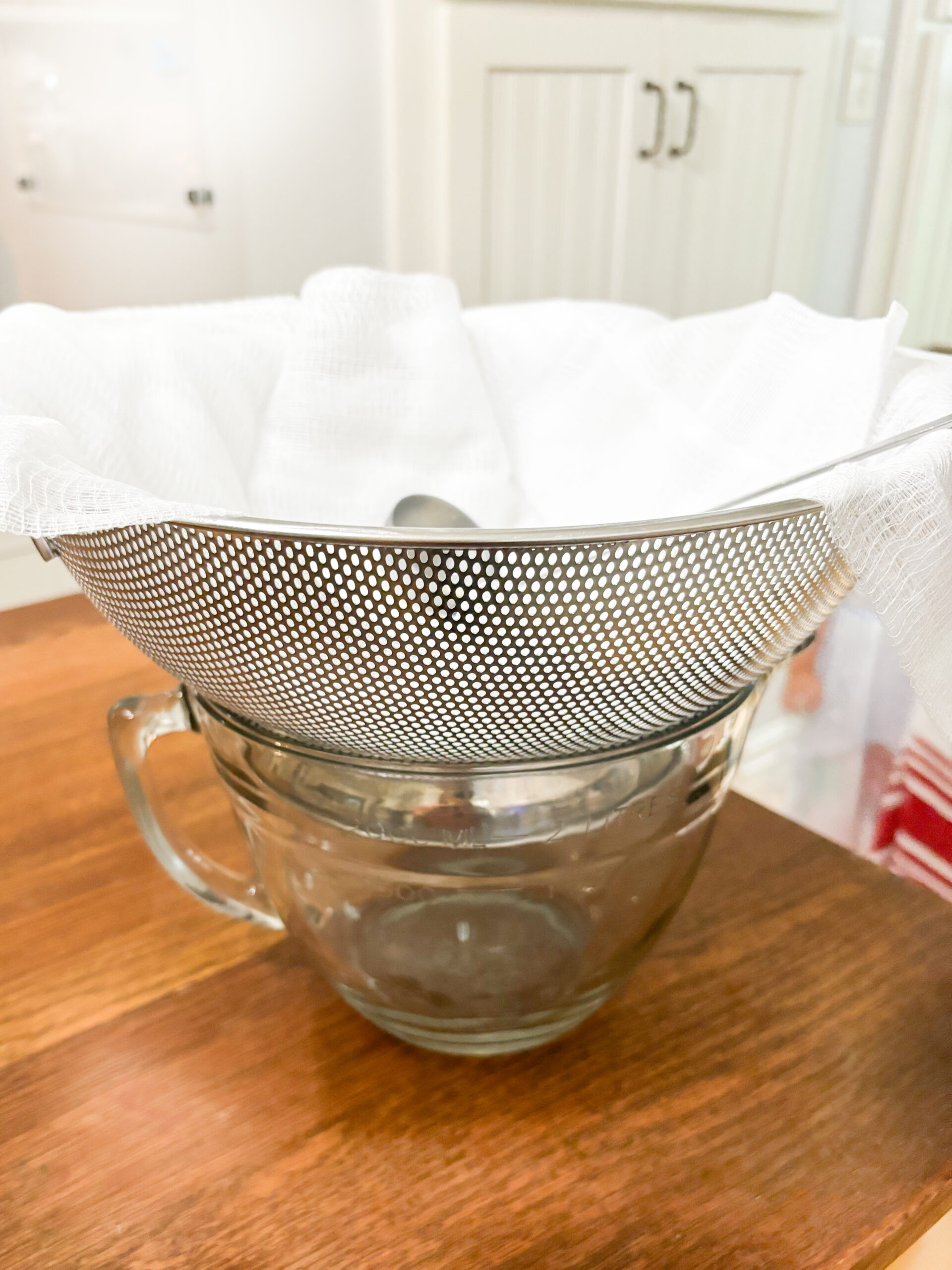 Homemade cottage cheese strainer set up