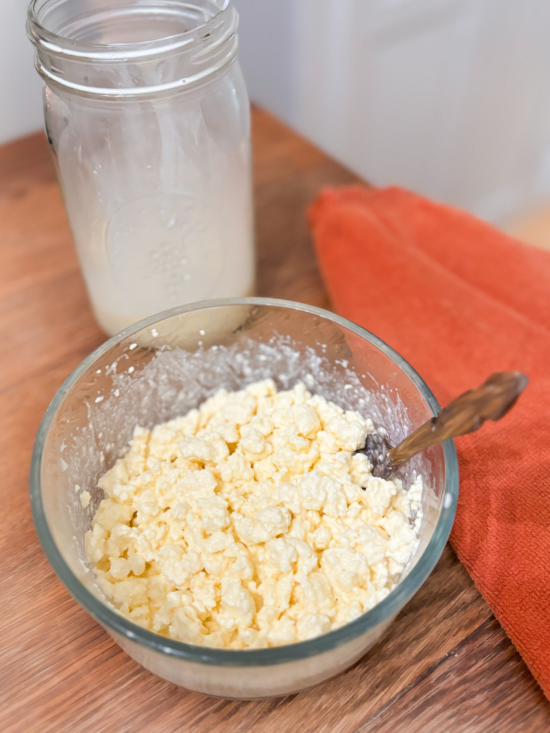 Finished homemade cottage cheese with cream added