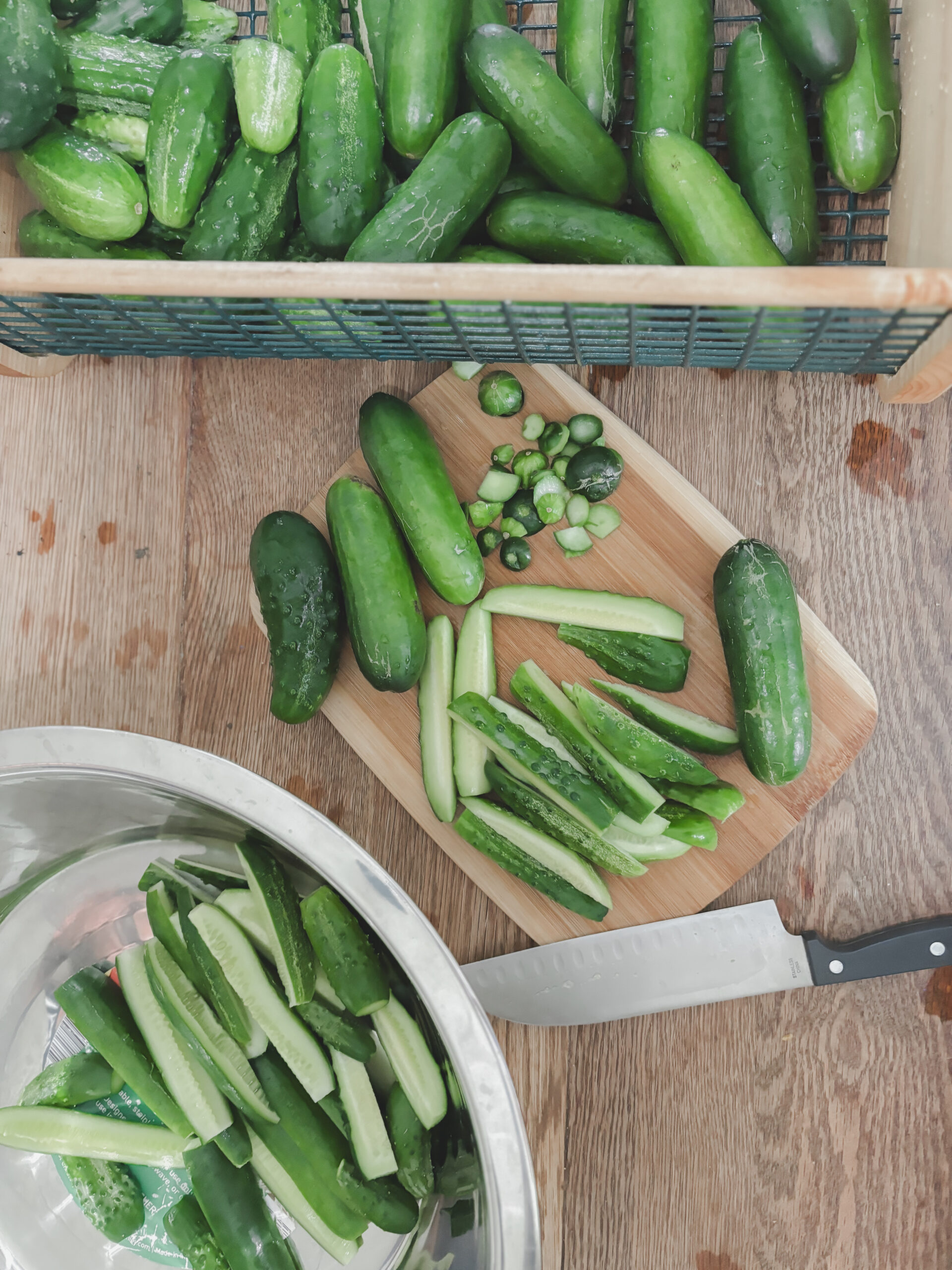 Cutting and preparing the cucumbers for canning and pickling