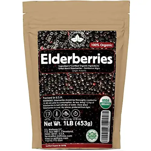 U.S. Wellness Naturals Elderberries – 1lb (Real Wild Harvest) | 100% USDA Certified Organic | Bulk Black Dried Elderberry | for Making Elder Syrup, Gummies, Tea - Raw Vegan Sambucus Nigra