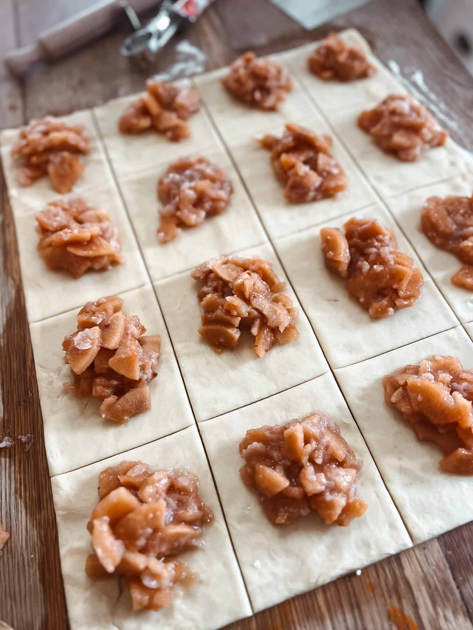 sourdough discard apple turnovers step 5, add the pie filling to the turnover dough pie crust