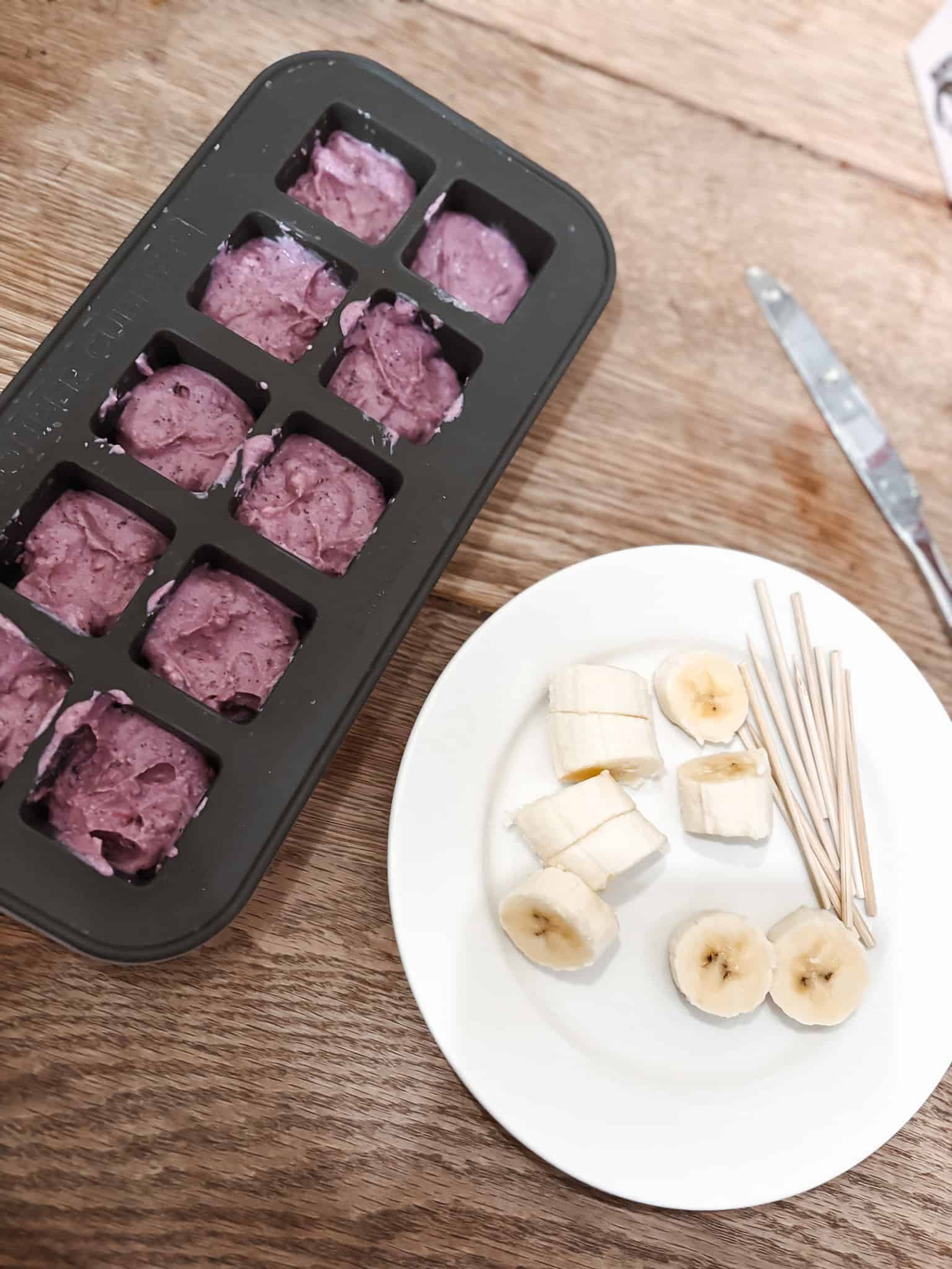 Mini banana yogurt pops in molds step 1