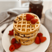 Pinterest image sourdough discard chocolate chip waffles