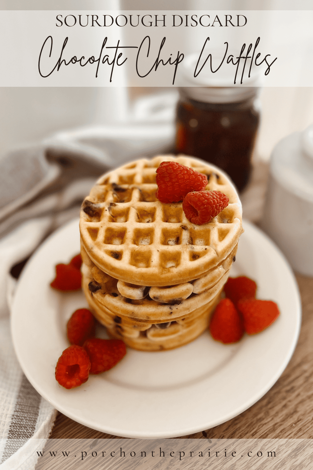 Pinterest image sourdough discard chocolate chip waffles