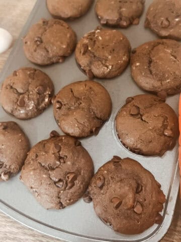 Featured image of baked double chocolate chip yogurt sourdough discard muffins